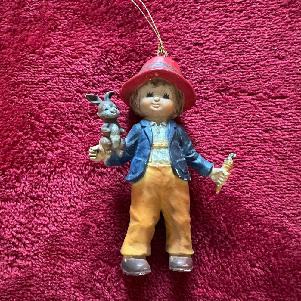 Vintage Hong Kong Boy with Bunny and Carrot Figurine Ornament Red Hat 3.5 Inch